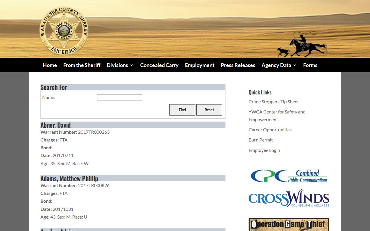 Wabaunsee County official warrant search and result fields