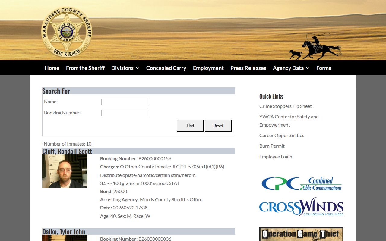 Wabaunsee County released inmate search compared with the current jail roster